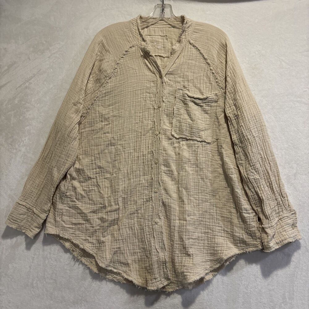 Aerie Pool To Party Cover Up Button Down Shirt Oversized Raw Hem Cream Medium